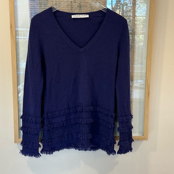 Trina Turk Sass Merino Wool Pointelle Fringe Trim Sweater Blue Small | L005 - Picture 2 of 12